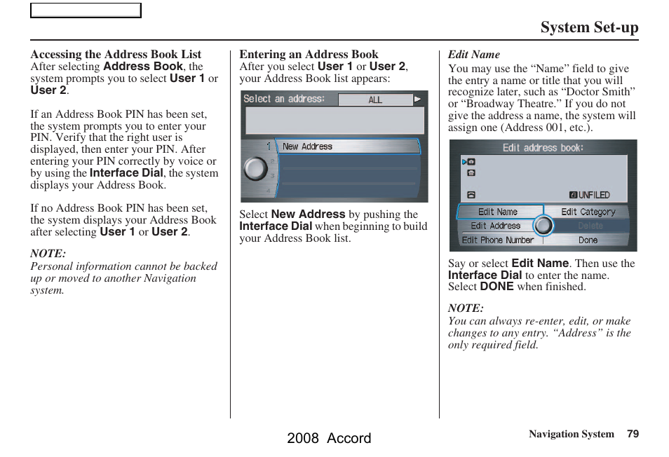 System set-up, 2008 accord | HONDA 2008 Accord Navigation User Manual | Page 79 / 148