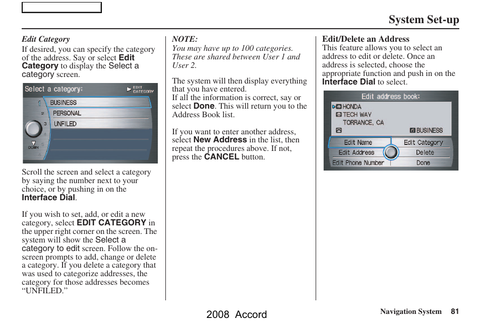 System set-up, 2008 accord | HONDA 2008 Accord Navigation User Manual | Page 81 / 148