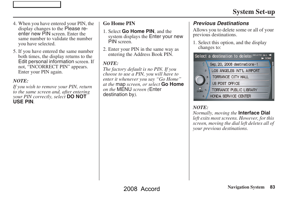 System set-up, 2008 accord | HONDA 2008 Accord Navigation User Manual | Page 83 / 148