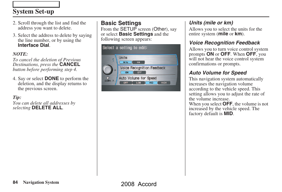 System set-up, 2008 accord | HONDA 2008 Accord Navigation User Manual | Page 84 / 148