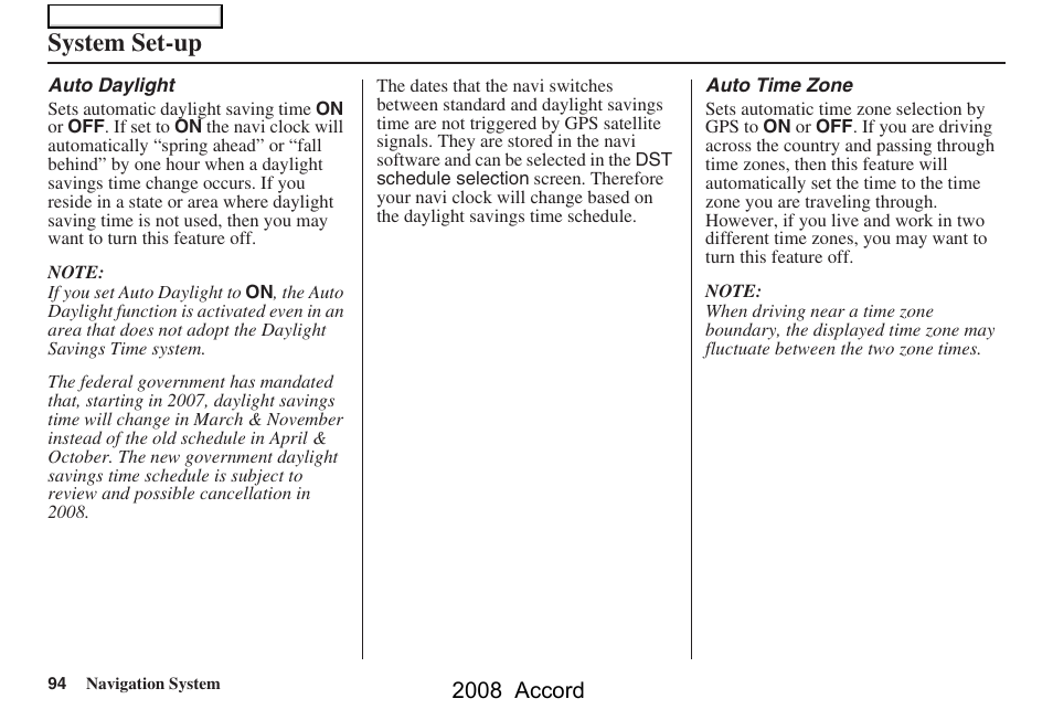 System set-up, 2008 accord | HONDA 2008 Accord Navigation User Manual | Page 94 / 148