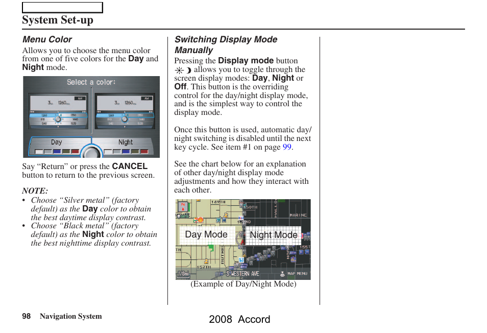 System set-up, 2008 accord | HONDA 2008 Accord Navigation User Manual | Page 98 / 148
