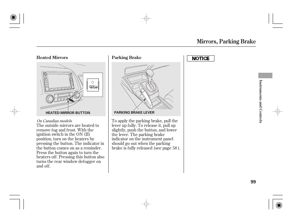 Mirrors, parking brake | HONDA 2011 Civic Hybrid User Manual | Page 105 / 374
