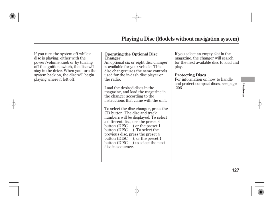 Playing a disc (models without navigation system) | HONDA 2011 Civic Hybrid User Manual | Page 133 / 374