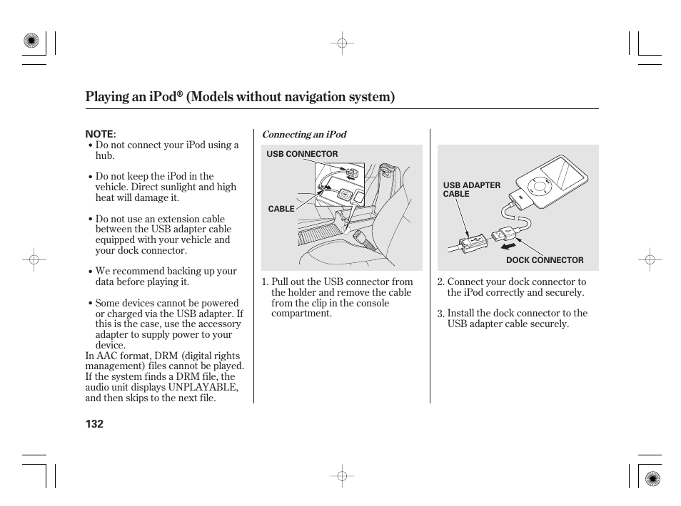 Playing an ipod (models without navigation system) | HONDA 2011 Civic Hybrid User Manual | Page 138 / 374