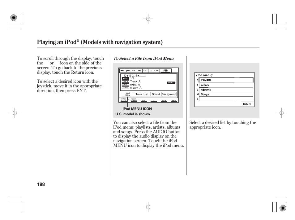 Playing an ipod (models with navigation system) | HONDA 2011 Civic Hybrid User Manual | Page 194 / 374