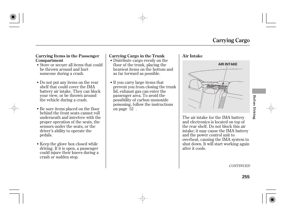 Carrying cargo | HONDA 2011 Civic Hybrid User Manual | Page 261 / 374