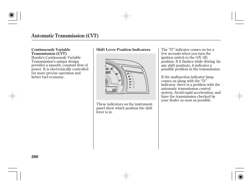 Automatic transmission (cvt) | HONDA 2011 Civic Hybrid User Manual | Page 266 / 374