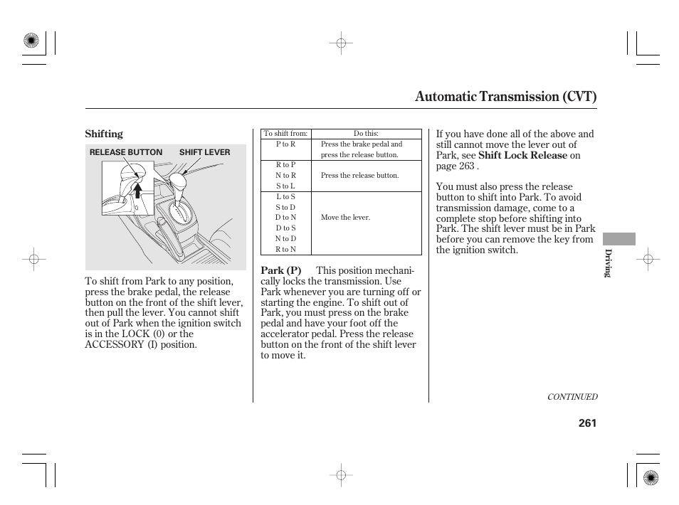 Automatic transmission (cvt) | HONDA 2011 Civic Hybrid User Manual | Page 267 / 374
