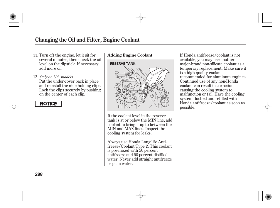 Changing the oil and filter, engine coolant | HONDA 2011 Civic Hybrid User Manual | Page 294 / 374