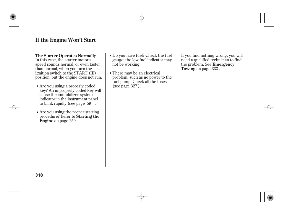 If the engine won’t start | HONDA 2011 Civic Hybrid User Manual | Page 324 / 374