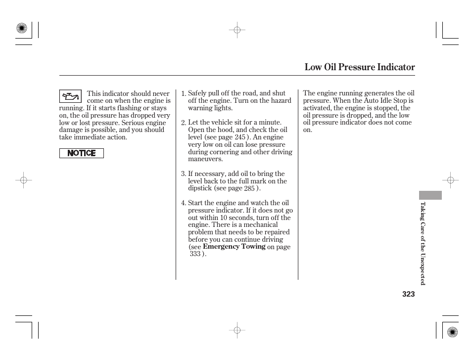 Low oil pressure indicator | HONDA 2011 Civic Hybrid User Manual | Page 329 / 374