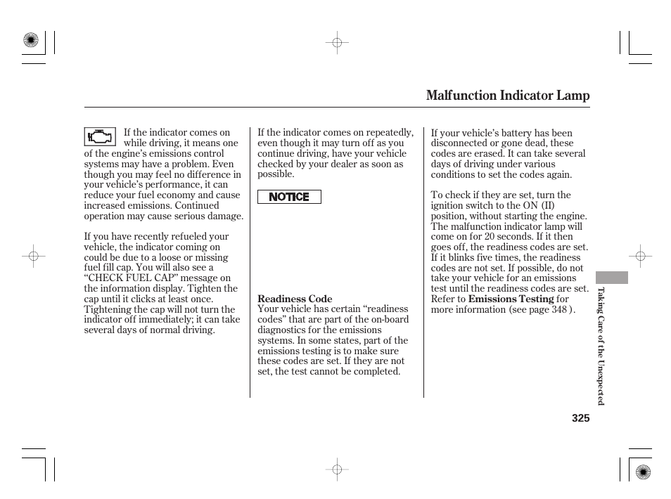 Malfunction indicator lamp | HONDA 2011 Civic Hybrid User Manual | Page 331 / 374