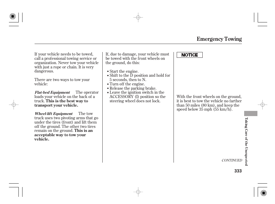 Emergency towing | HONDA 2011 Civic Hybrid User Manual | Page 339 / 374
