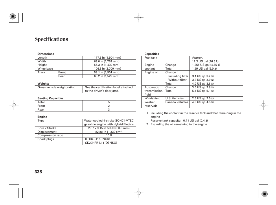 Specifications | HONDA 2011 Civic Hybrid User Manual | Page 344 / 374