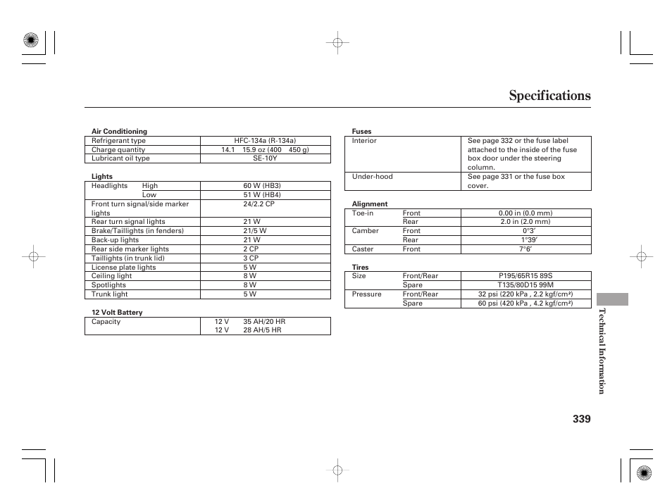 Specifications | HONDA 2011 Civic Hybrid User Manual | Page 345 / 374