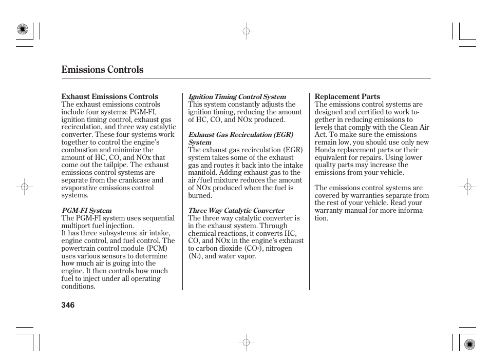 Emissions controls | HONDA 2011 Civic Hybrid User Manual | Page 352 / 374