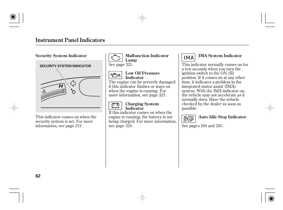 Instrument panel indicators | HONDA 2011 Civic Hybrid User Manual | Page 68 / 374