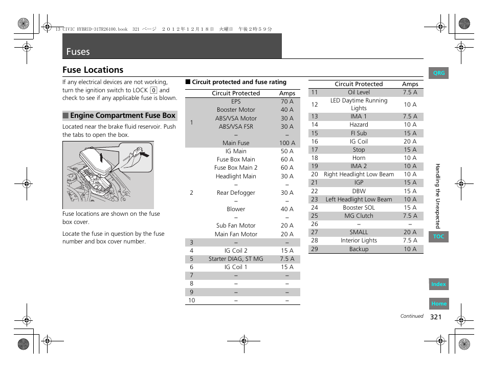 Fuses, Fuse locations, Engine compartment fuse box | P. 321, P321), 2 fuses p. 321 | HONDA 2013 Civic Hybrid User Manual | Page 322 / 345