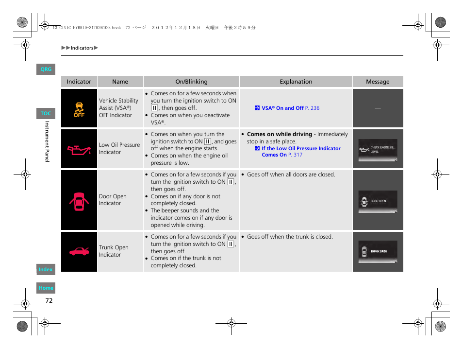 2 door open indicator p. 72 | HONDA 2013 Civic Hybrid User Manual | Page 73 / 345