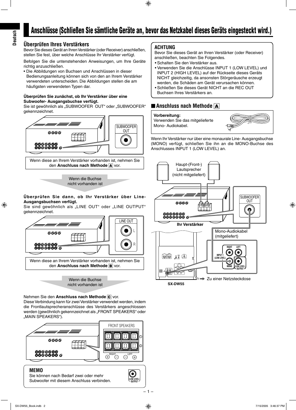 Überprüfen ihres verstärkers, Anschluss nach methode a, Achtung | Front speakers | JVC SX-DW55 User Manual | Page 10 / 58
