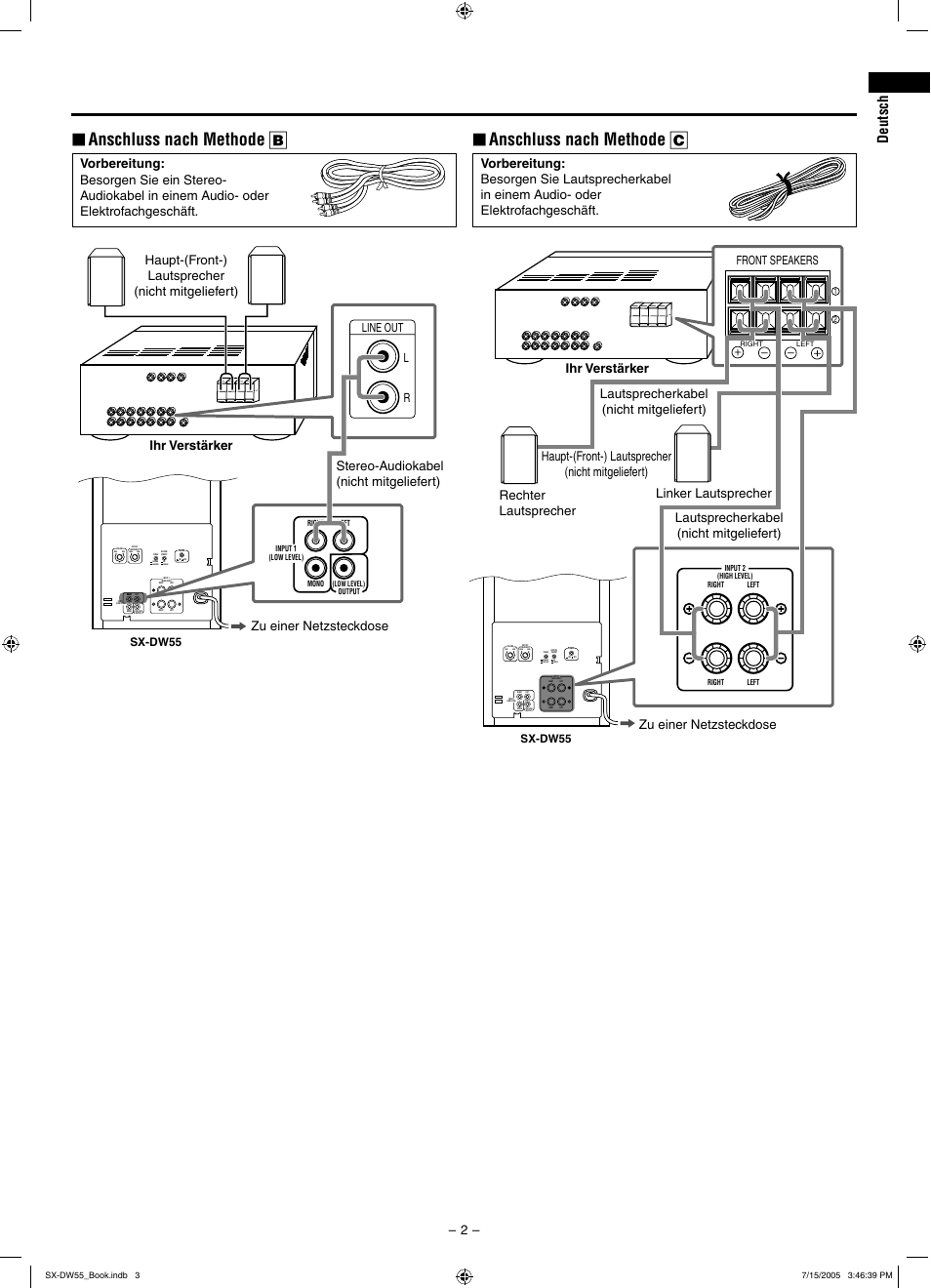 Anschluss nach methode c, Anschluss nach methode b, Reverse | Normal, Cancel on, Max min, Front speakers, Line out l r, Sx-dw55 | JVC SX-DW55 User Manual | Page 11 / 58