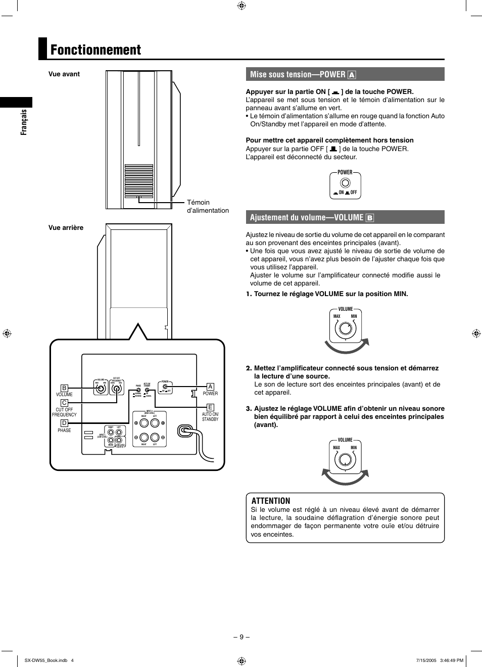 Fonctionnement, Mise sous tension—power a, Ajustement du volume—volume b | Attention, Vue avant témoin d’alimentation vue arrière - 9 | JVC SX-DW55 User Manual | Page 18 / 58