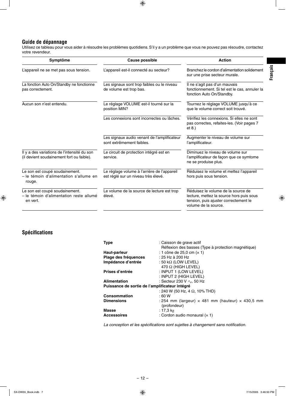 Spéciﬁcations, Guide de dépannage | JVC SX-DW55 User Manual | Page 21 / 58