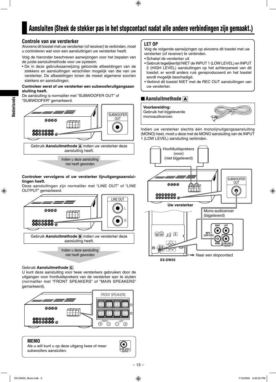 Controle van uw versterker, Aansluitmethode a, Let op | Front speakers | JVC SX-DW55 User Manual | Page 22 / 58