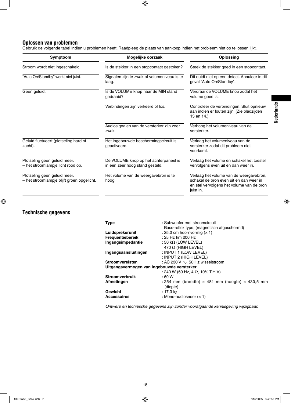 Technische gegevens, Oplossen van problemen | JVC SX-DW55 User Manual | Page 27 / 58