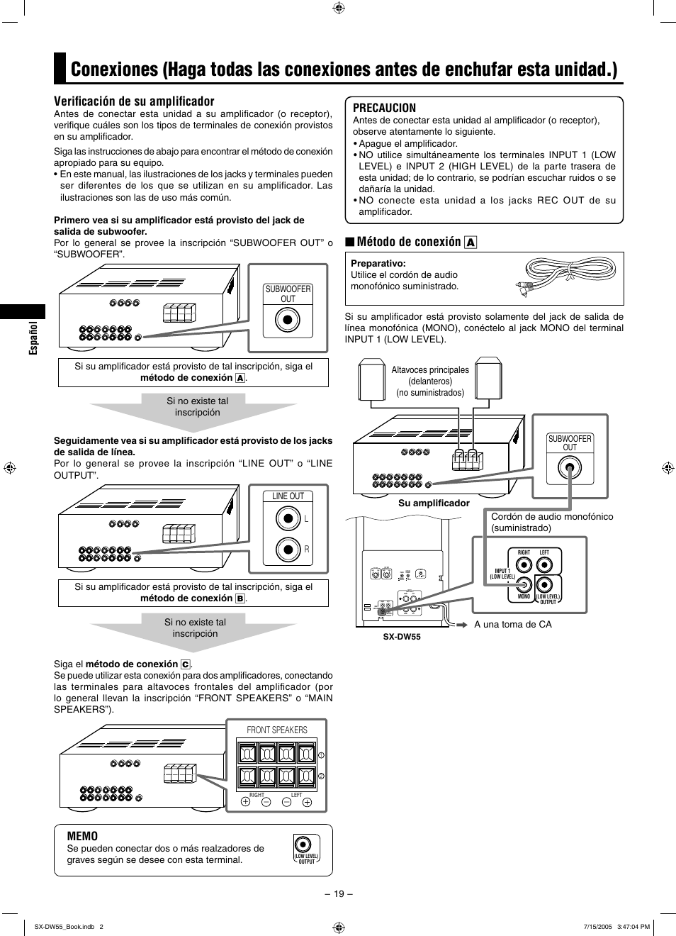 Veriﬁcación de su ampliﬁcador, Método de conexión a, Precaucion | JVC SX-DW55 User Manual | Page 28 / 58