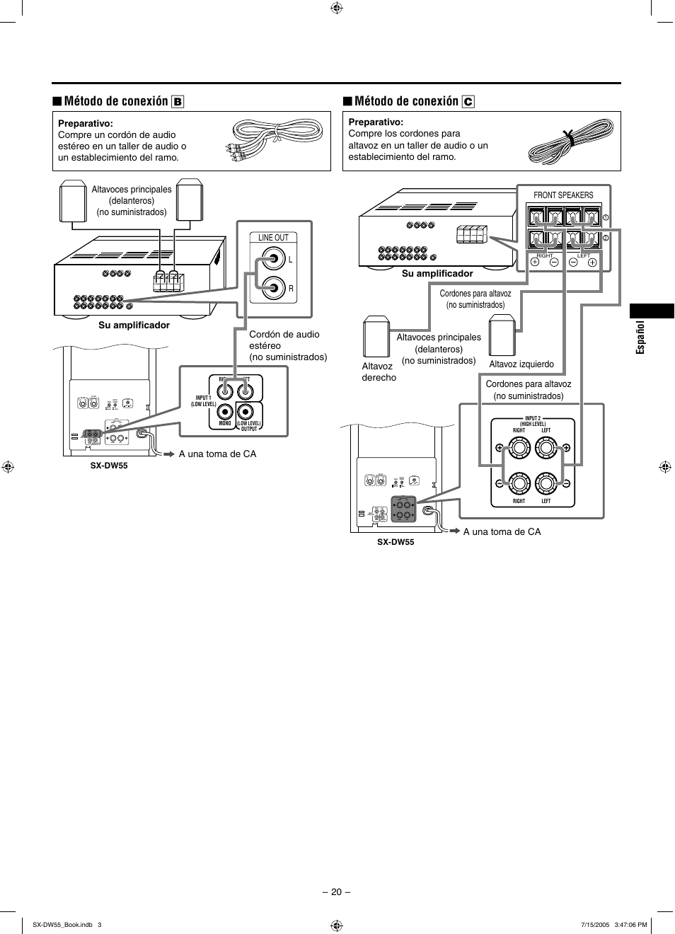 Método de conexión c, Método de conexión b, Reverse | Normal, Cancel on, Max min, Front speakers, Line out l r | JVC SX-DW55 User Manual | Page 29 / 58