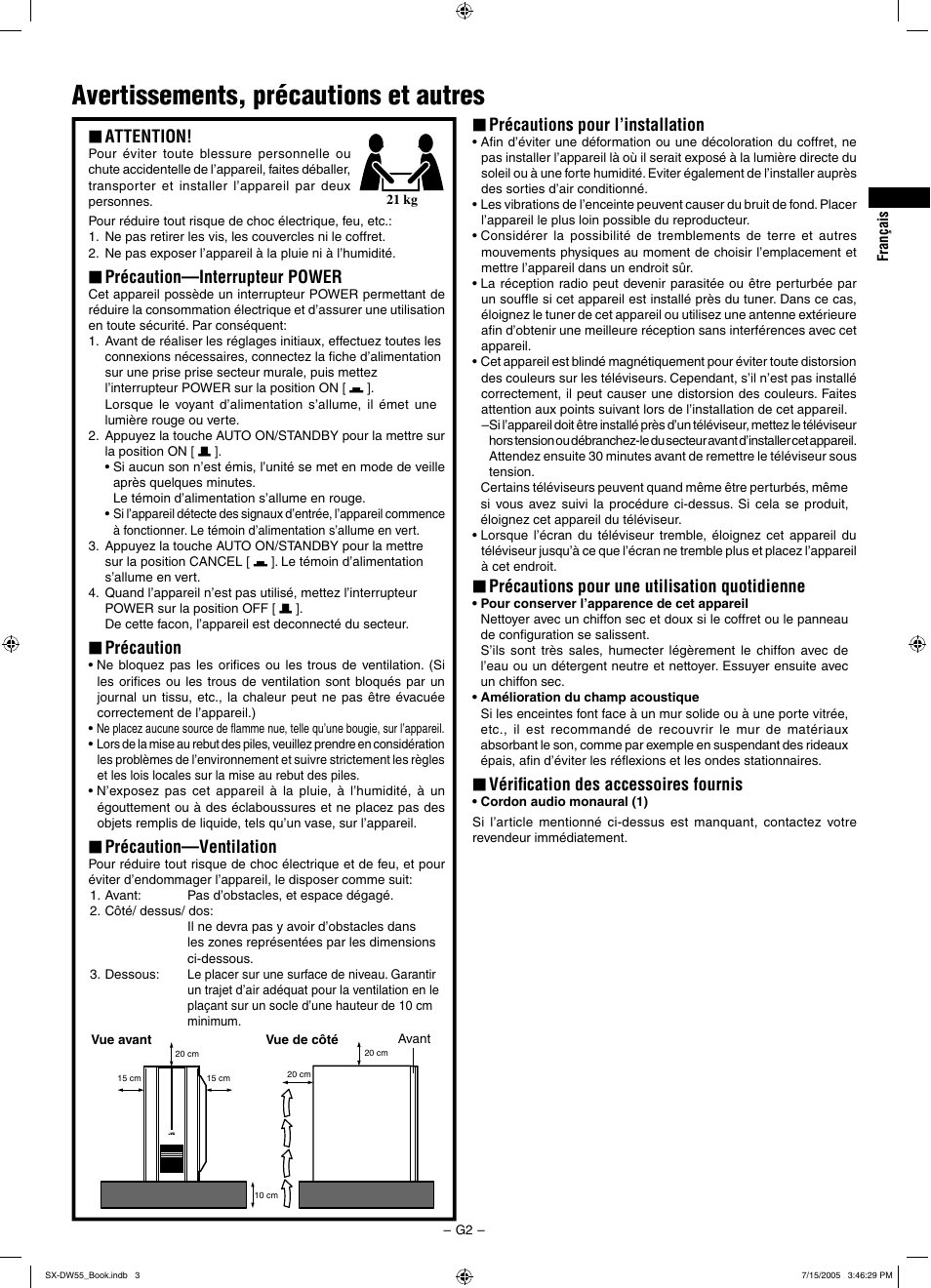 Avertissements, précautions et autres, Précautions pour l’installation, Précautions pour une utilisation quotidienne | Vériﬁcation des accessoires fournis, Attention, Précaution—interrupteur power, Précaution, Précaution—ventilation | JVC SX-DW55 User Manual | Page 3 / 58