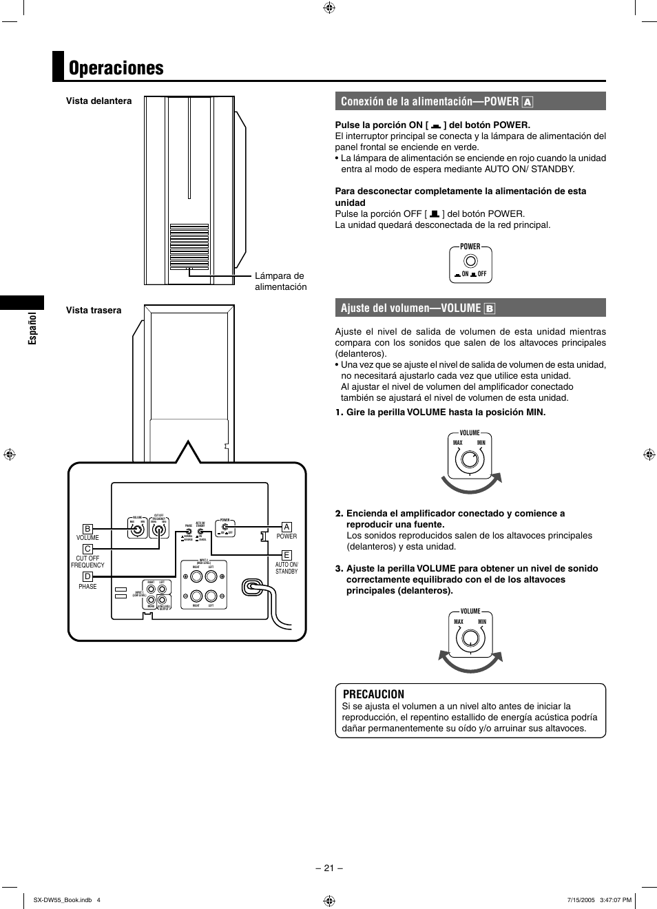 Operaciones, Conexión de la alimentación—power a, Ajuste del volumen—volume b | Precaucion | JVC SX-DW55 User Manual | Page 30 / 58