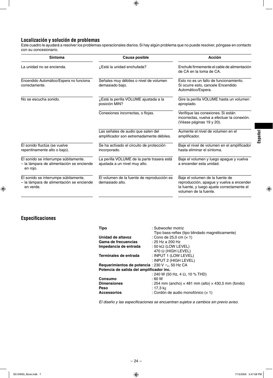 Especiﬁcaciones, Localización y solución de problemas | JVC SX-DW55 User Manual | Page 33 / 58