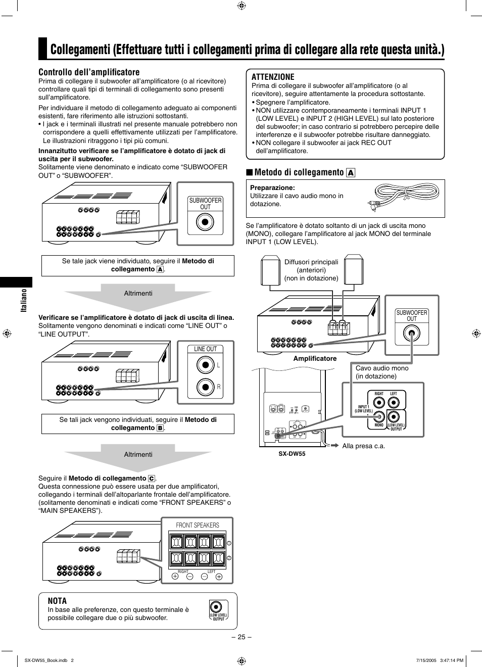 Controllo dell’ampliﬁcatore, Metodo di collegamento a, Attenzione | Nota, Front speakers | JVC SX-DW55 User Manual | Page 34 / 58