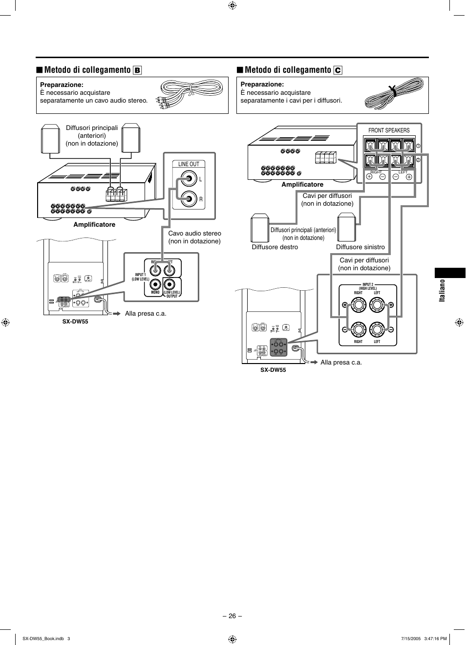 Metodo di collegamento c, Metodo di collegamento b, Reverse | Normal, Cancel on, Max min, Front speakers, Line out l r, Sx-dw55 | JVC SX-DW55 User Manual | Page 35 / 58