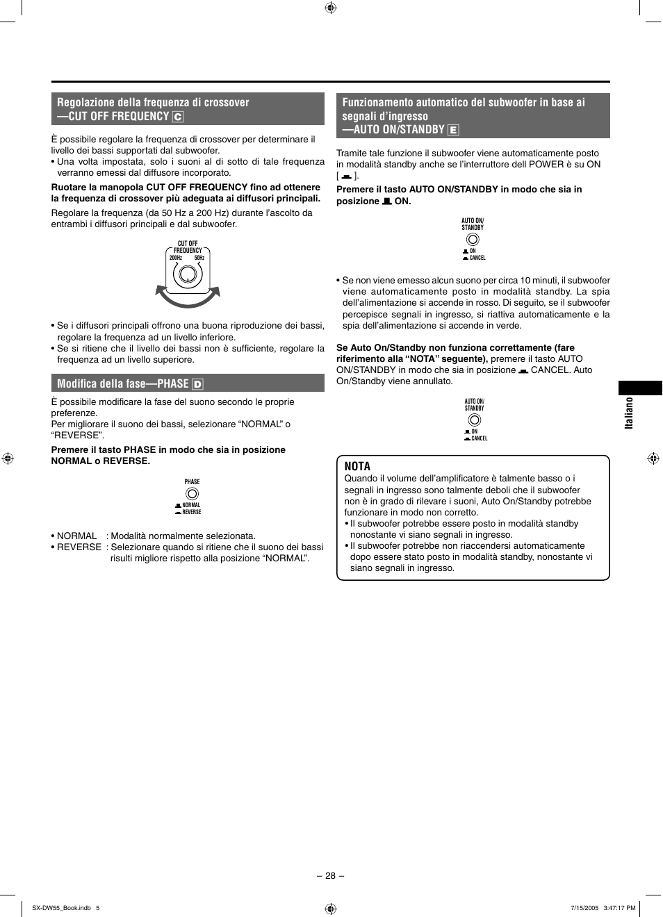 Nota, Modiﬁca della fase—phase d | JVC SX-DW55 User Manual | Page 37 / 58