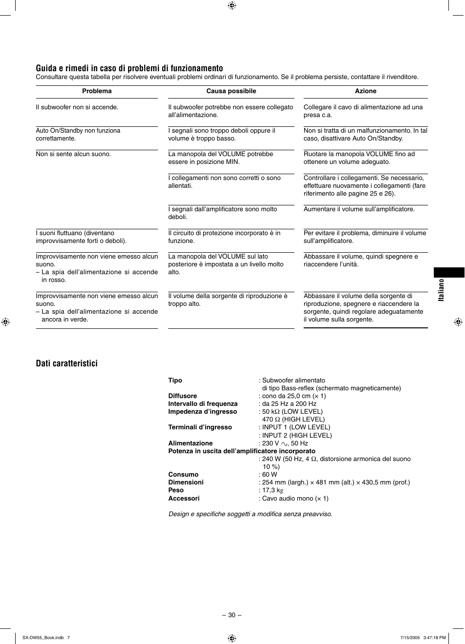 Dati caratteristici | JVC SX-DW55 User Manual | Page 39 / 58