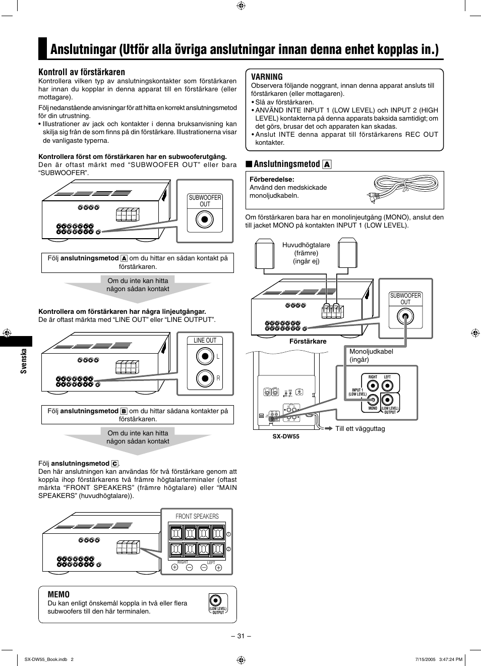 Kontroll av förstärkaren, Anslutningsmetod a, Varning | Front speakers | JVC SX-DW55 User Manual | Page 40 / 58