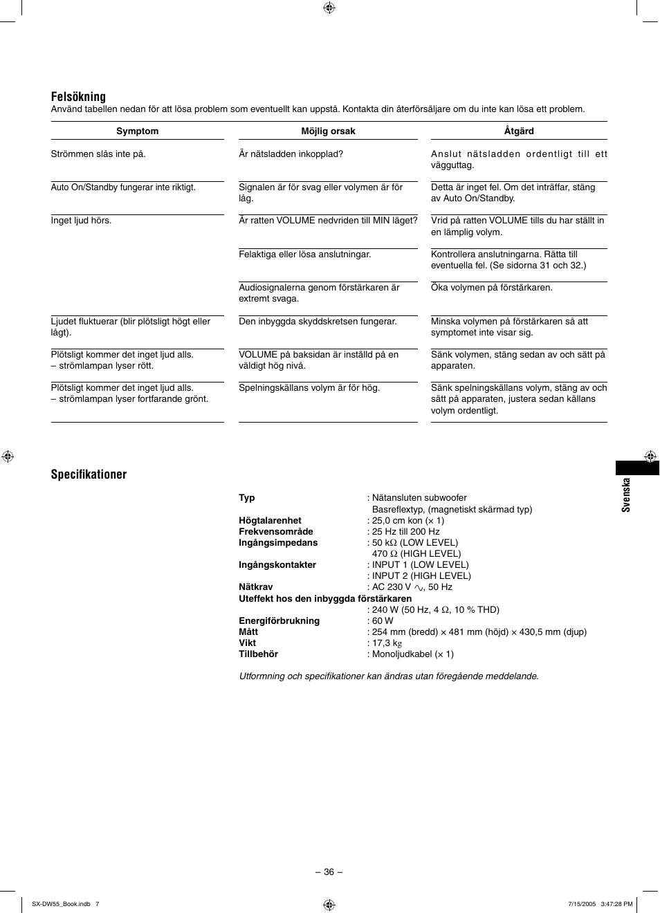 Speciﬁkationer, Felsökning | JVC SX-DW55 User Manual | Page 45 / 58