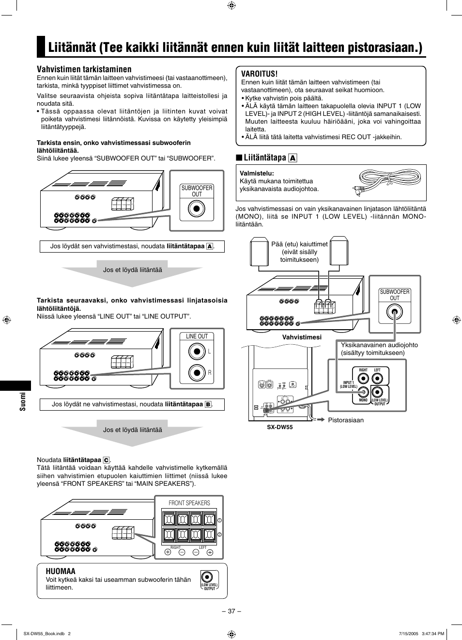 Vahvistimen tarkistaminen, Liitäntätapa a, Varoitus | Huomaa, Front speakers | JVC SX-DW55 User Manual | Page 46 / 58