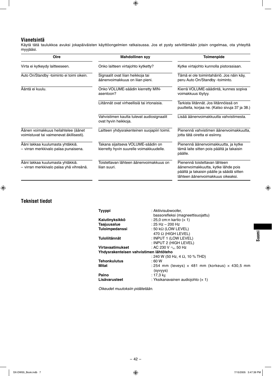 Tekniset tiedot, Vianetsintä | JVC SX-DW55 User Manual | Page 51 / 58