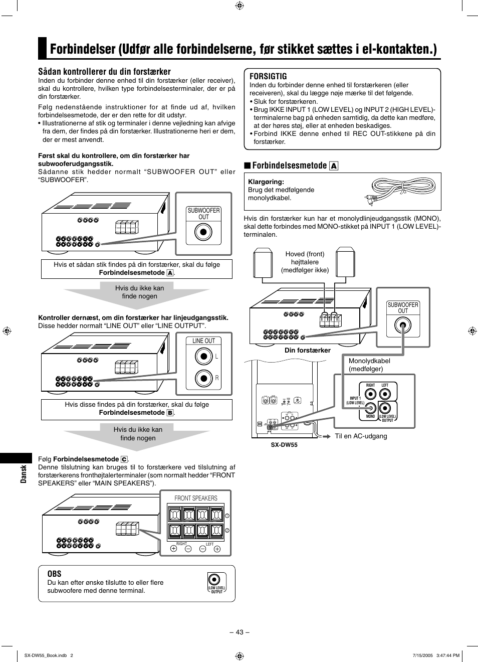 Sådan kontrollerer du din forstærker, Forbindelsesmetode a, Forsigtig | Front speakers | JVC SX-DW55 User Manual | Page 52 / 58