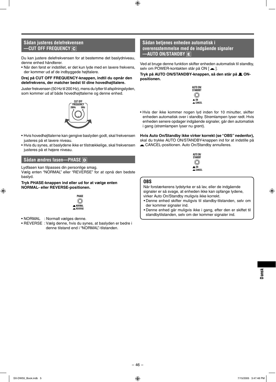 Sådan justeres delefrekvensen —cut off frequency c, Sådan ændres fasen—phase d | JVC SX-DW55 User Manual | Page 55 / 58