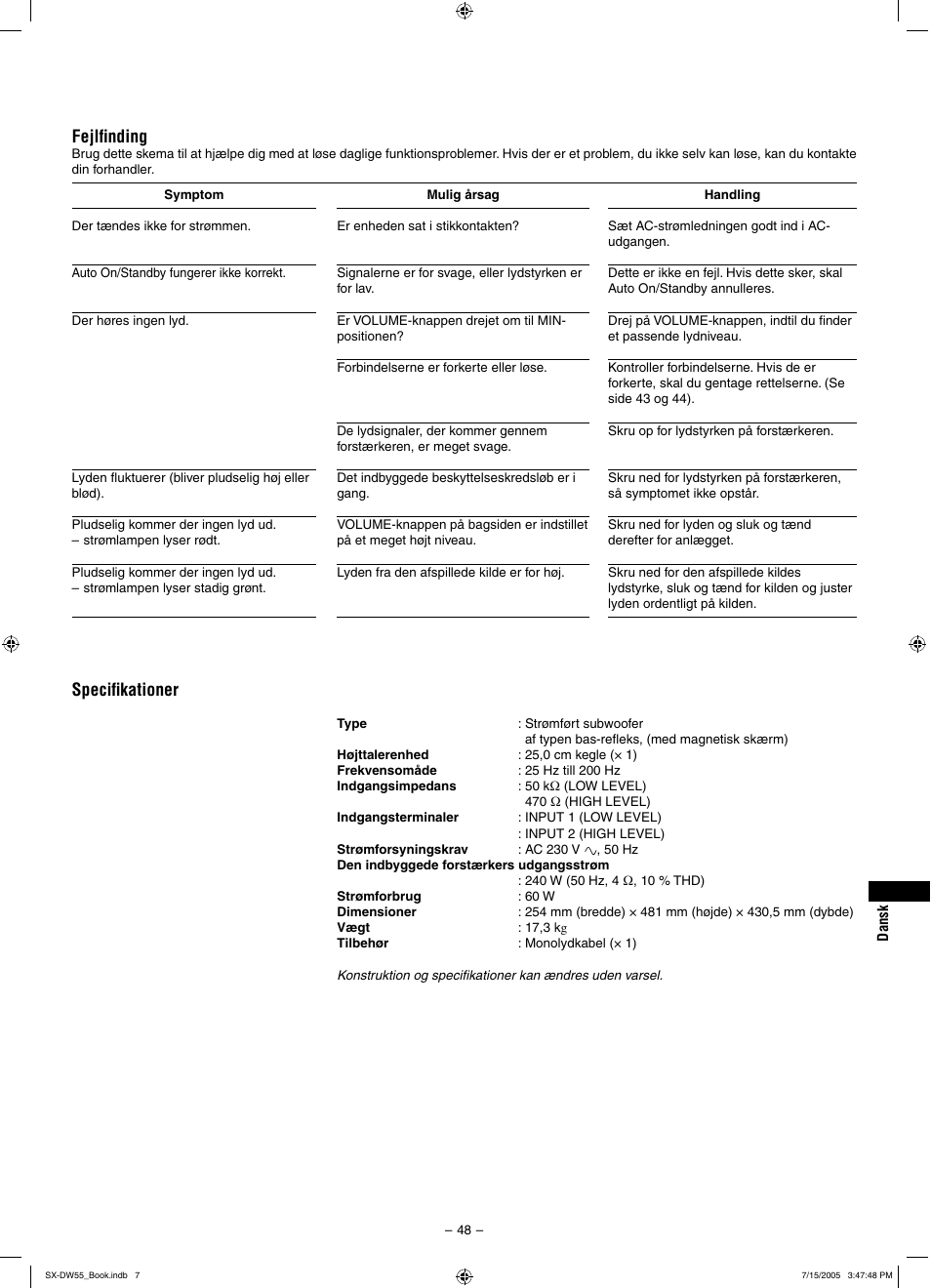 Speciﬁkationer, Fejlﬁnding | JVC SX-DW55 User Manual | Page 57 / 58