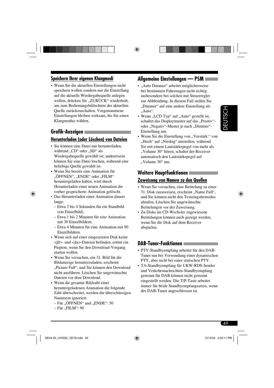 Deutsch, Grafik-anzeigen, Allgemeine einstellungen — psm | Weitere hauptfunktionen, Dab-tuner-funktionen | JVC KD-LHX552 User Manual | Page 101 / 159