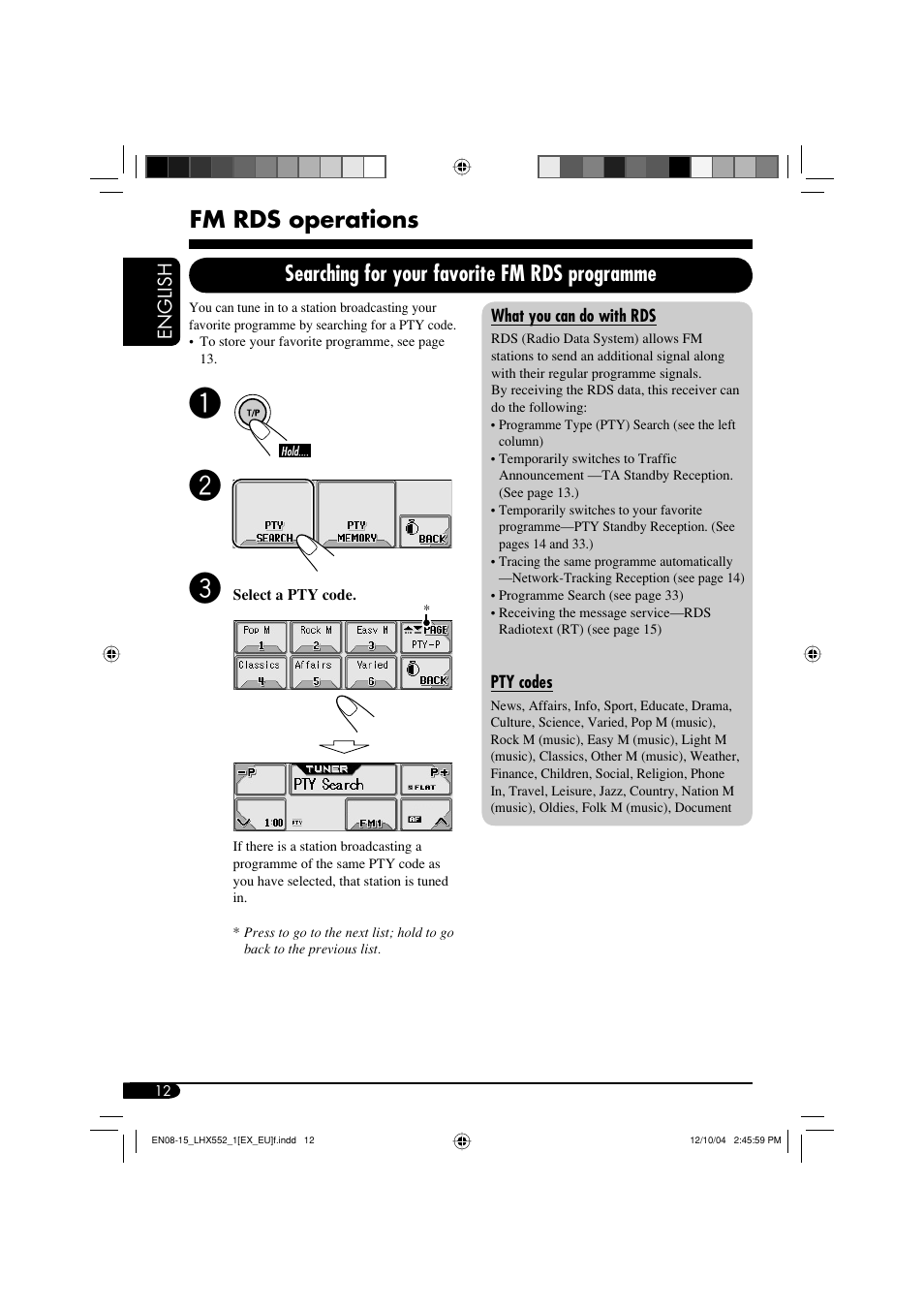 Fm rds operations, Searching for your favorite fm rds programme | JVC KD-LHX552 User Manual | Page 12 / 159