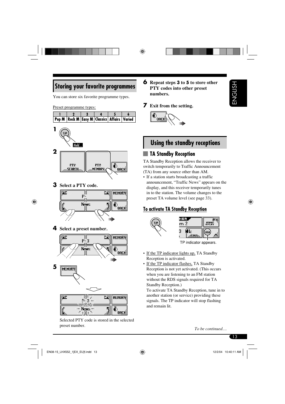 Using the standby receptions, Storing your favorite programmes, English 6 | Ta standby reception | JVC KD-LHX552 User Manual | Page 13 / 159