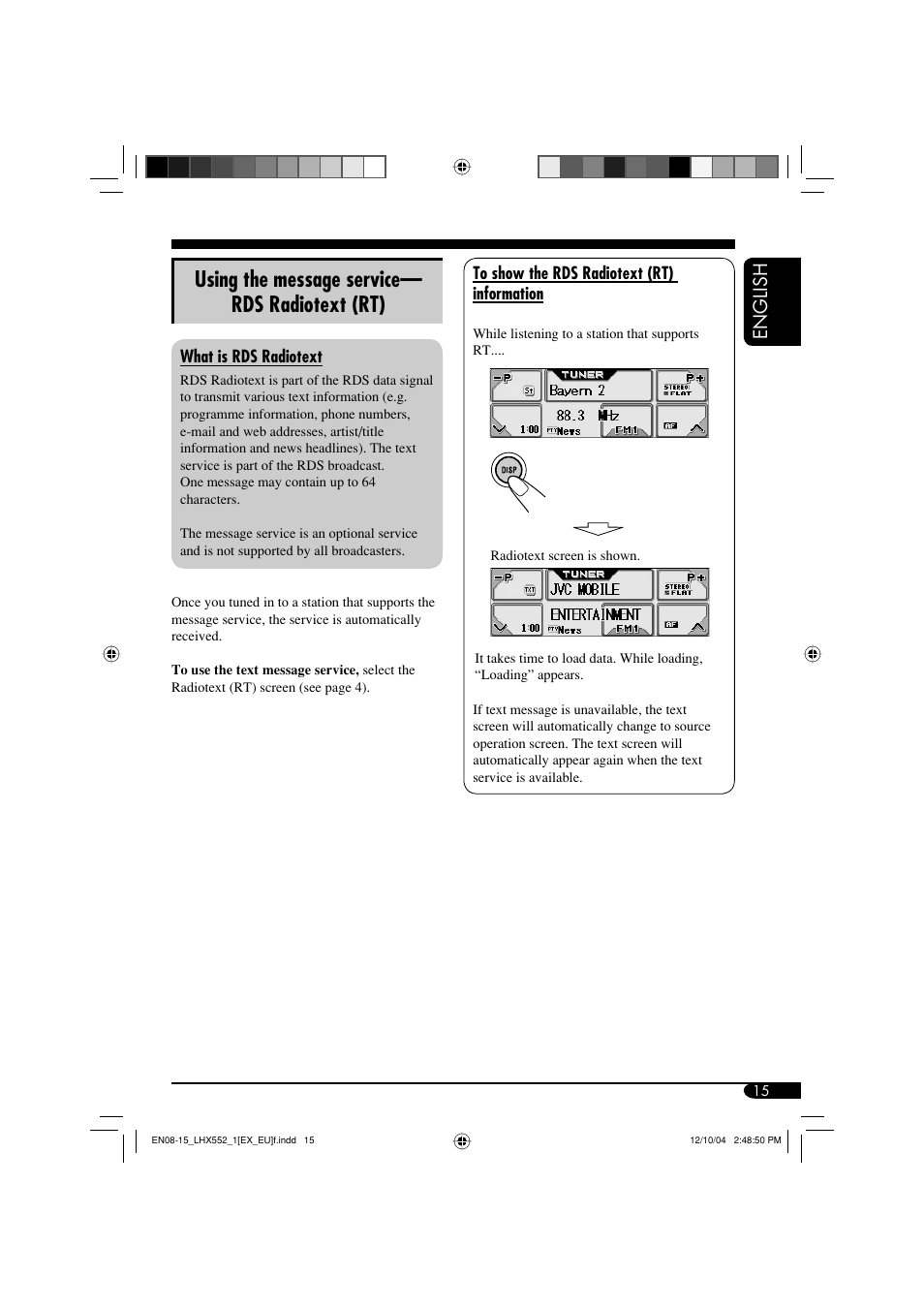 Using the message service— rds radiotext (rt), English | JVC KD-LHX552 User Manual | Page 15 / 159